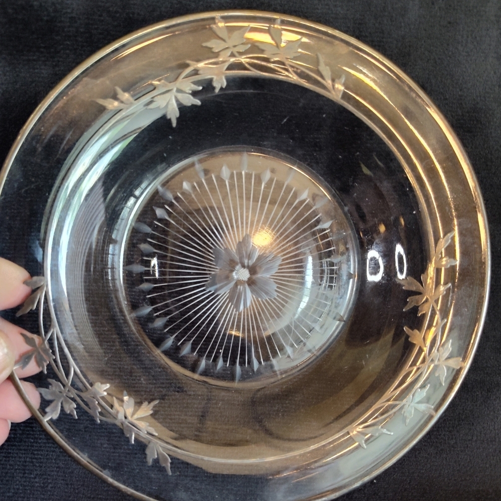 Antique Etched Crystal Plate With Sterling Silver Inlay